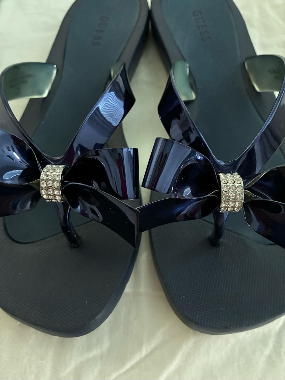 Guess Navy Jelly Bow Slide Sandals with Crystal Band